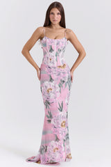pink floral corset maxi dress