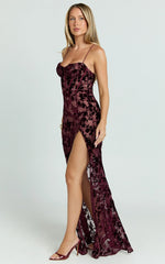 Violeta Maxi Dress Corset Front Burnout Dress in Wine