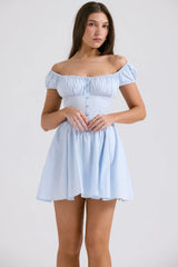soft blue cotton gathered mini dress