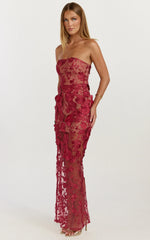 Sienna Maxi Dress 3D Floral Strapless Column Dress in Wine