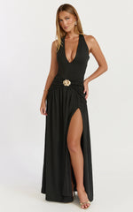 Phoenix Maxi Dress Halter Neck Gold Trim Jersey Dress in Black