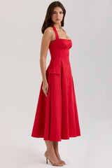 red stretch cotton button halter neck midi dress