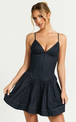 Betchie Mini Dress Neck Strappy Drop Waist Gathered Skirt Denim Dress in Dark Raw Denim