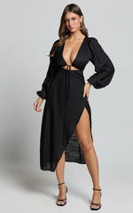 Demieh Midi Dress Front Cut Out Long Sleeve Dress in Black