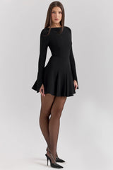 black stretch crepe godet mini dress