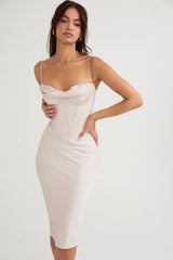 crystal satin corset midi dress