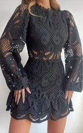 Kiss Me Now Mini Dress Long Puff Sleeve Dress in Black Lace