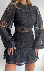 Kiss Me Now Mini Dress Long Puff Sleeve Dress in Black Lace