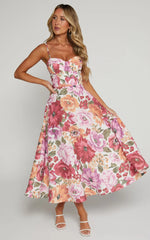 Robertson Midi Dress Strappy Sweetheart Bustier Flare Dress in Spring Floral