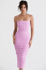 pink strapless corset midi dress
