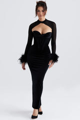 black velvet corset maxi dress