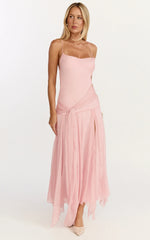 Idris Maxi Dress Cowl Neck Draped Sash Godet Dress in Soft Pink