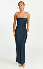 Zaya Midi Dress Strapless Satin Slip Dress in Navy