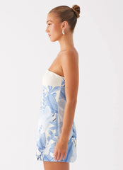Denby Strapless Mini Dress Blue Floral Print