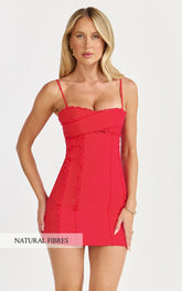 Gigi Mini Linen Blend Dress Sweetheart Tie Back Scallop Detail Dress in Red