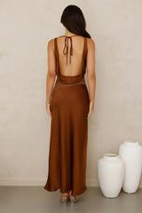 Celestial Spark Satin Maxi Dress Brown