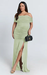 Alanna Maxi Dress Off Shoulder Ruched Mesh Dress in Sage