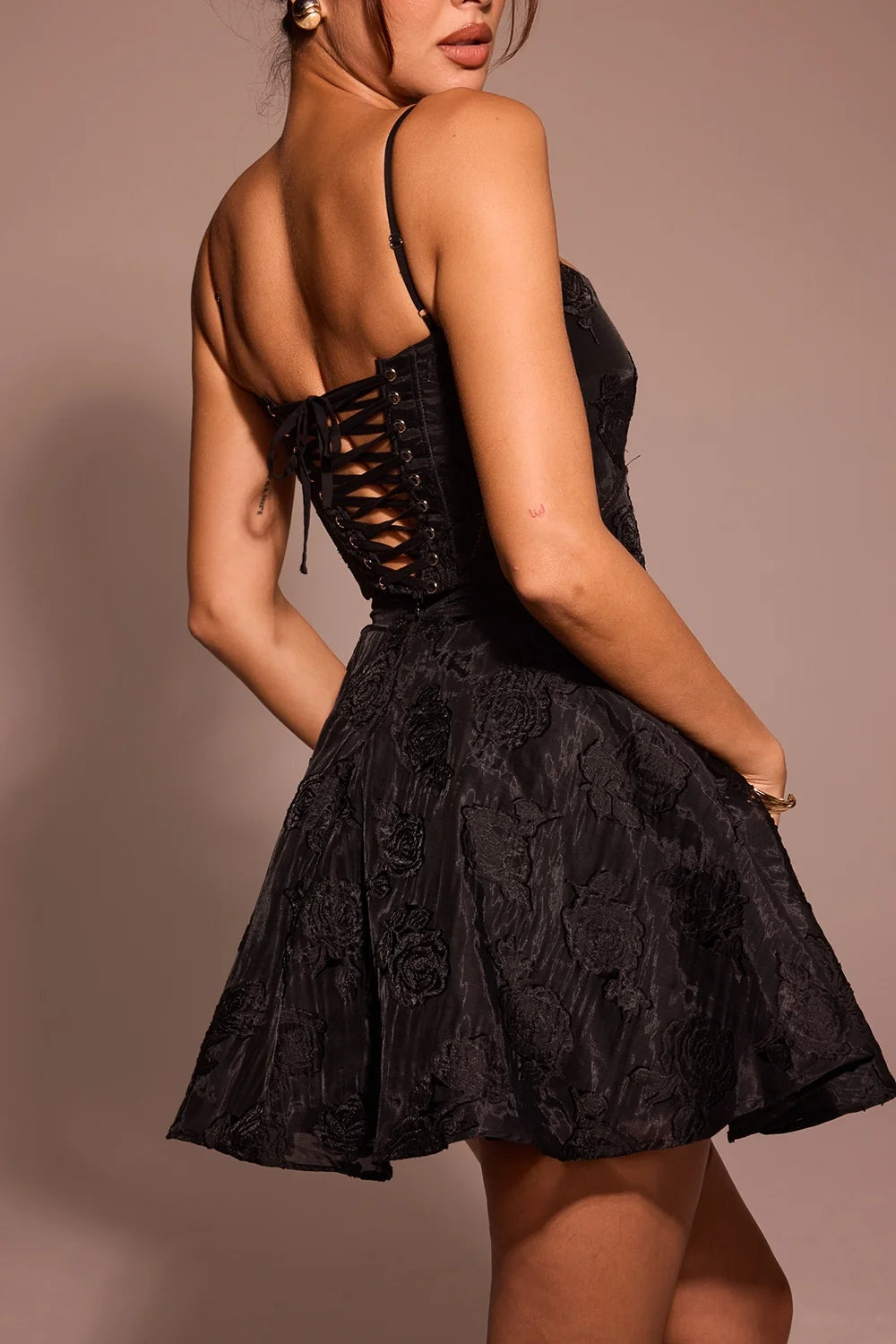 black floral lace back mini dress