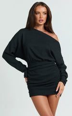 Alyce Mini Dress Long Sleeve One Shoulder Dress in Black