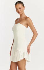 Calla Mini Dress Strapless Gathered Asymmetric Dropped Waist Dress in White