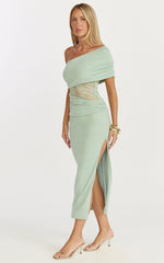 Juliet Midi Dress One Shoulder Lace Contrast Bodycon Dress in Sage