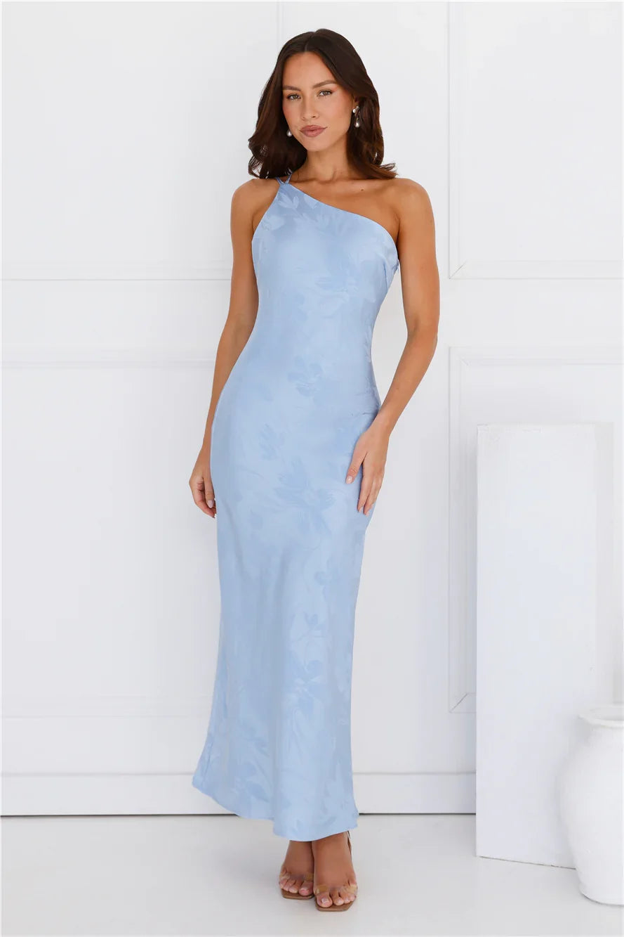 Exotic Bloom One Shoulder Satin Maxi Dress Blue