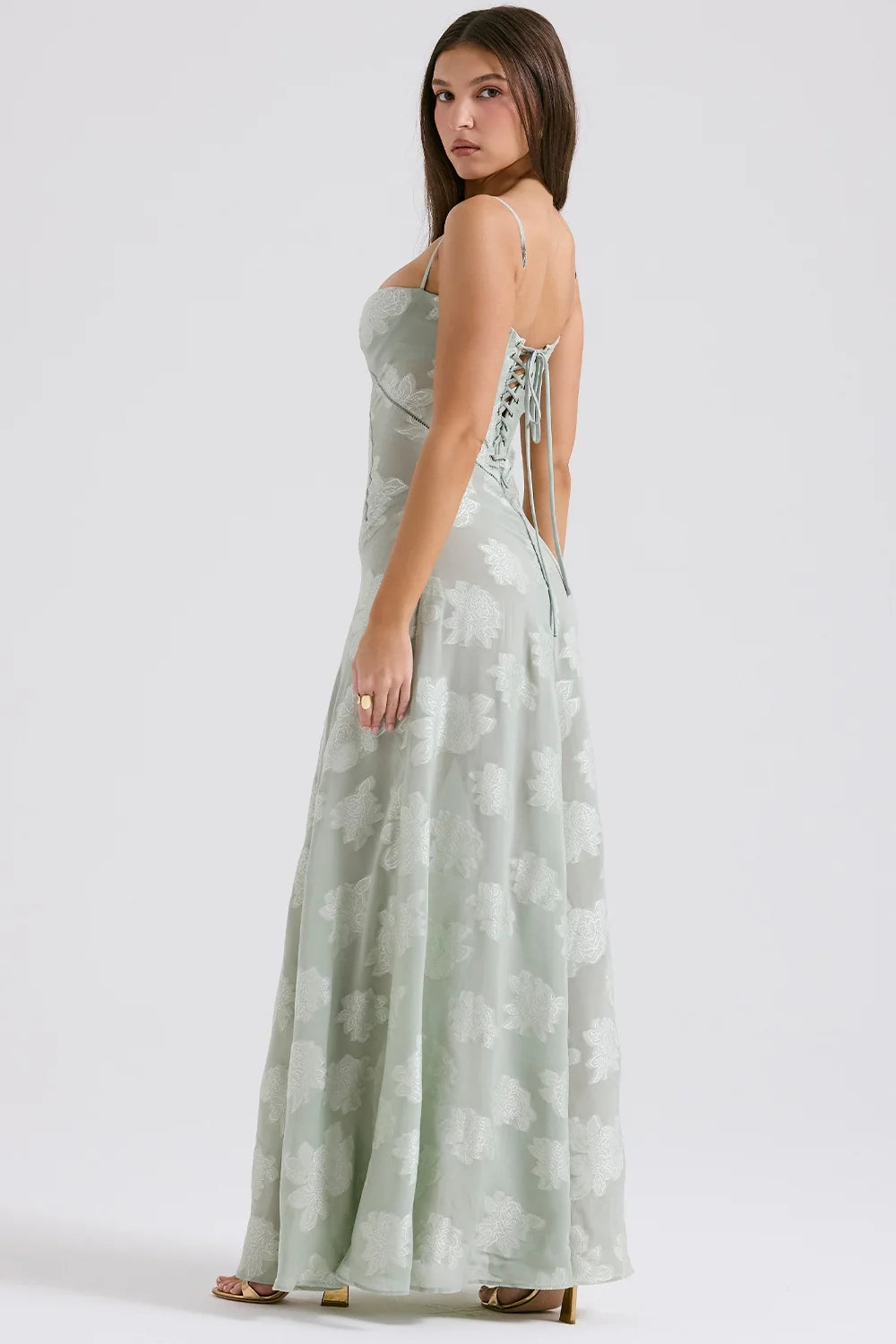 pistachio floral lace back maxi dress
