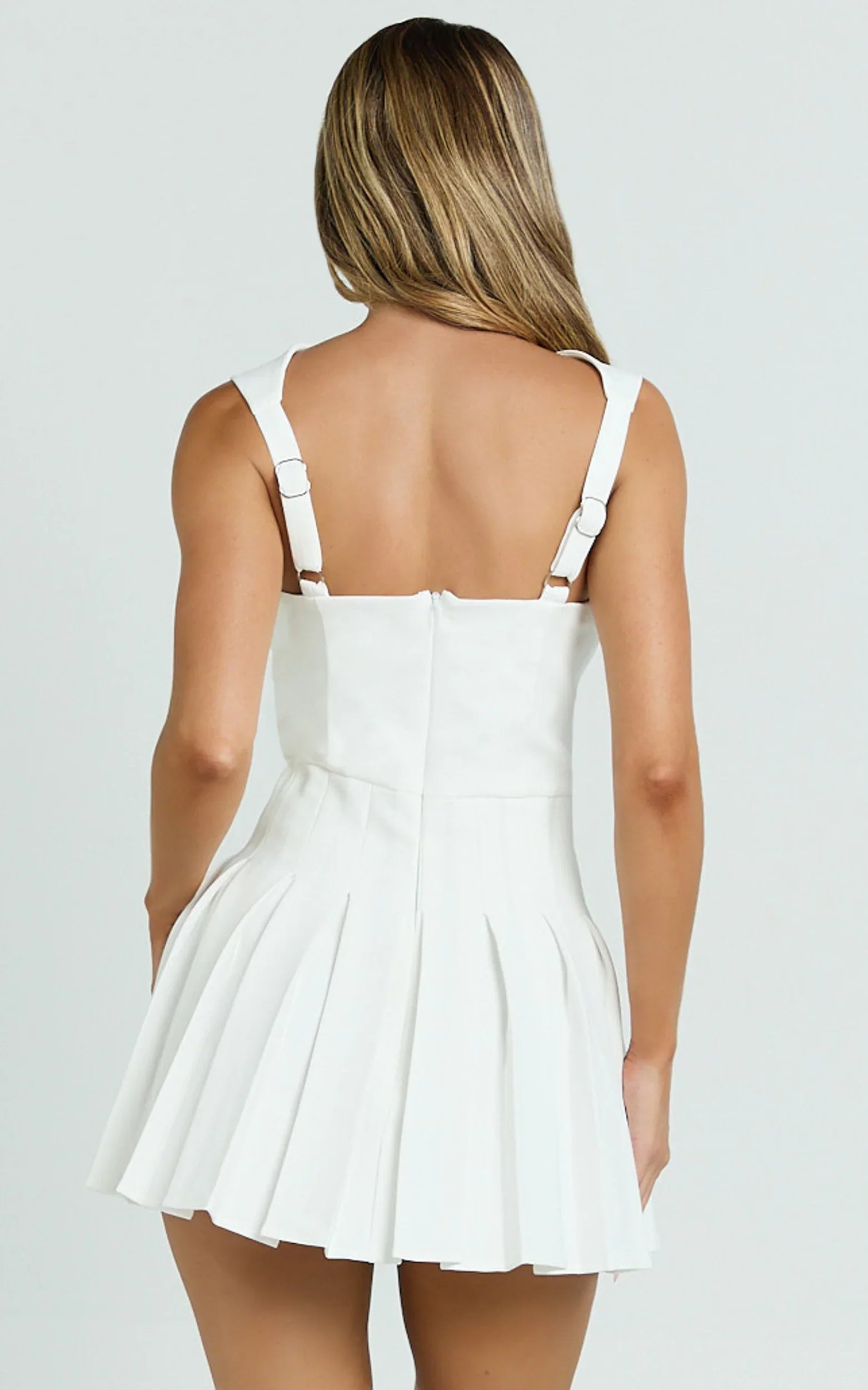 Wallace Mini Dress Square Neck Wide Strap Drop Waist Pleated Dress in White
