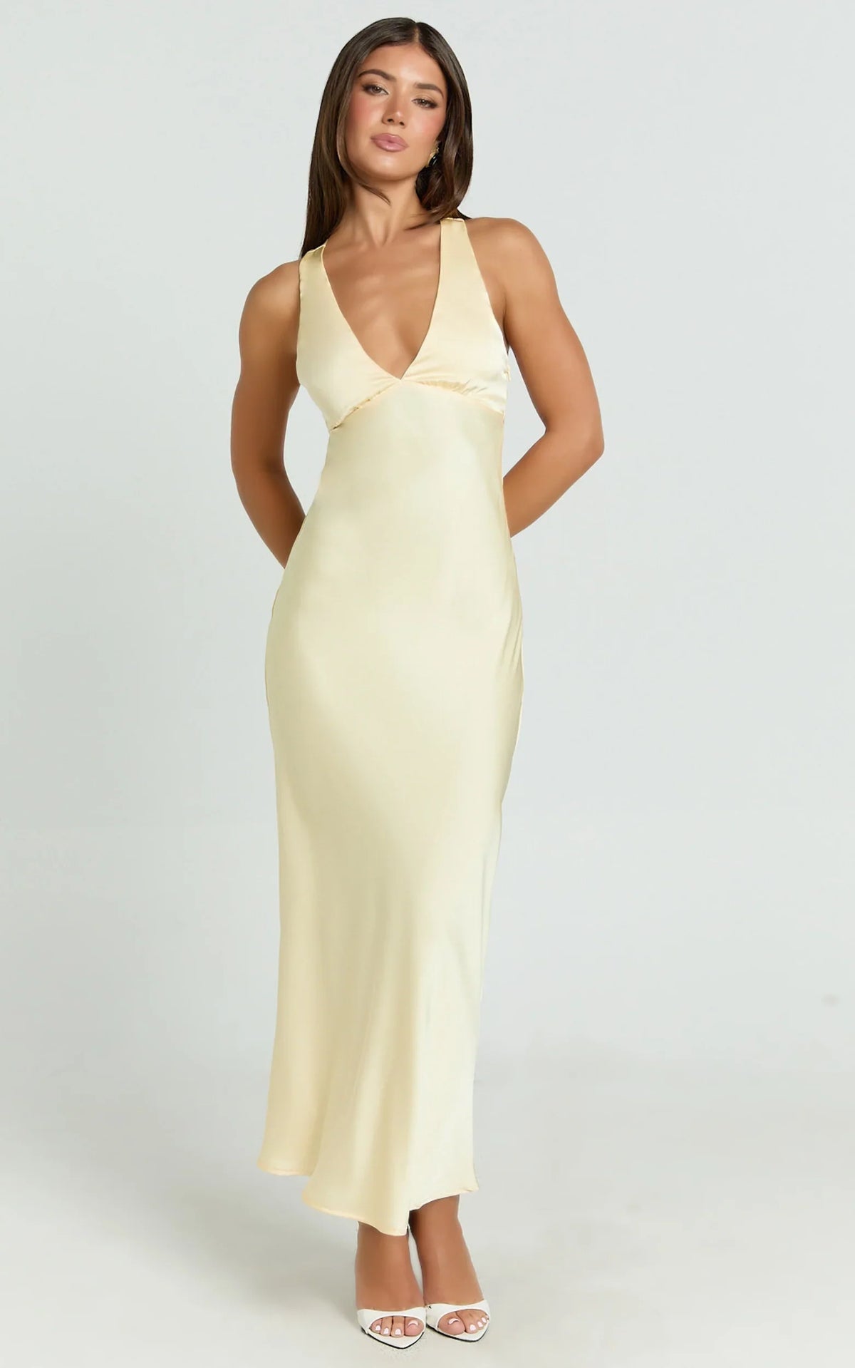 Khalani Midi Dress Deep V Neck Satin Slip Dress in Butter Yellow