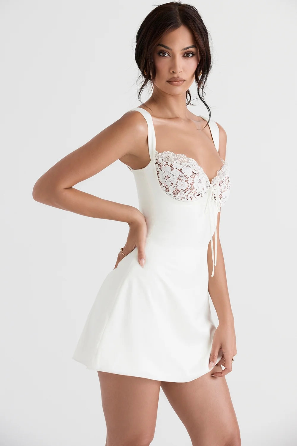 ivory satin and lace mini dress
