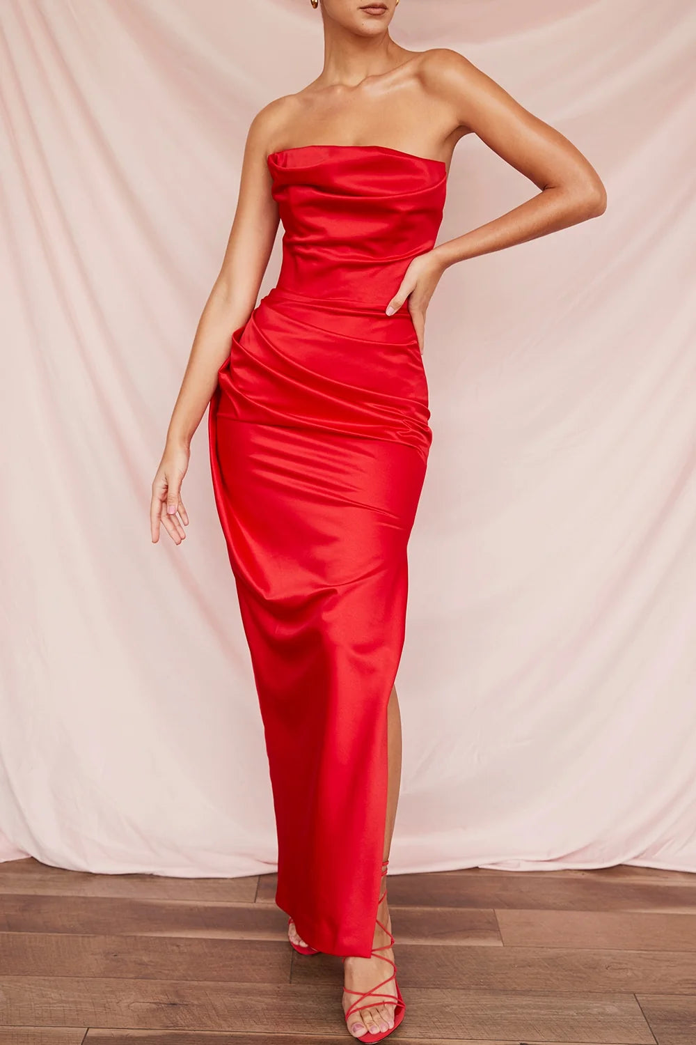 scarlet satin strapless gown