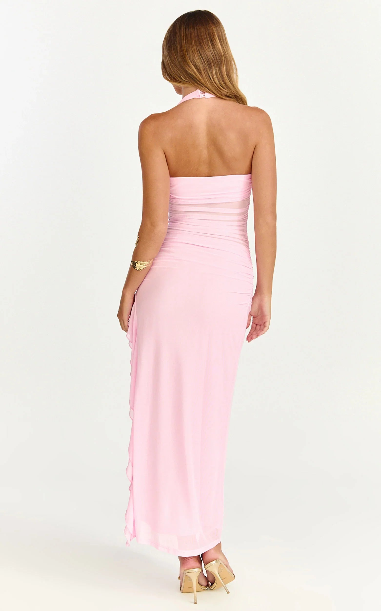 Almarie Midi Dress Halter Neck Mesh Dress in Pink
