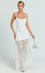 Alana Maxi Dress Lace Sequin Cowl Neck Dress in White
