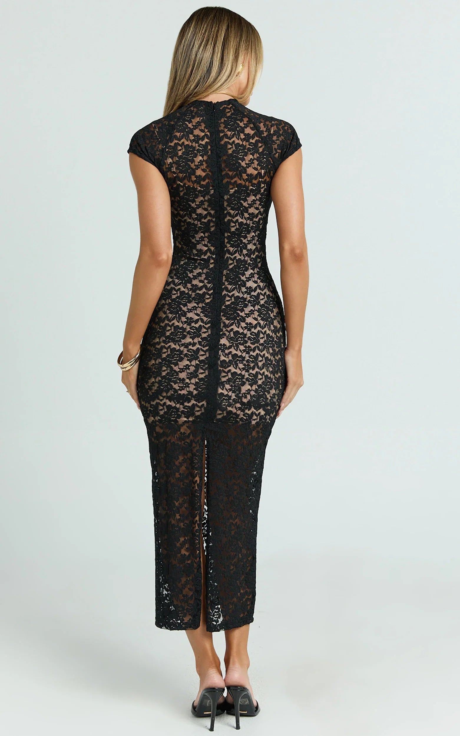 Emma Midi Dress Lace Cap Sleeve Bodycon Dress in Black