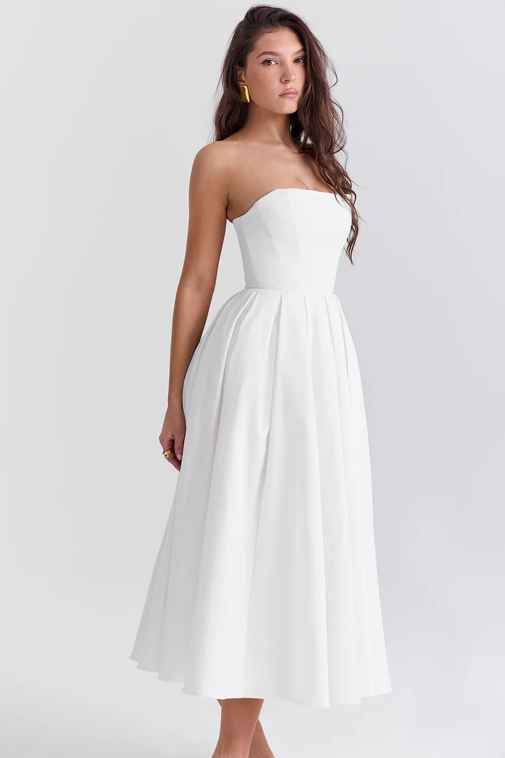 white strapless midi sundress