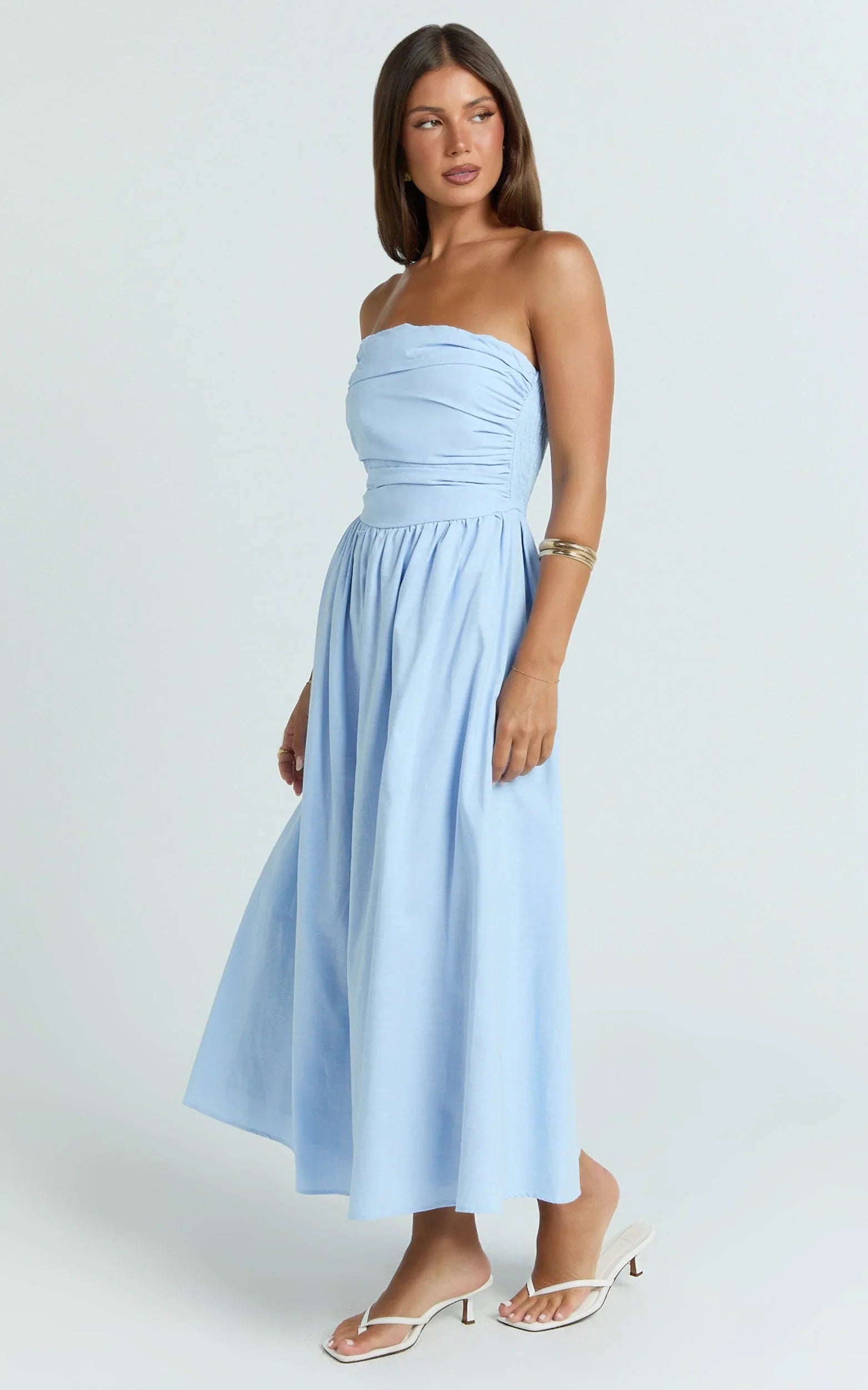 Polly Midi Dress Strapless Ruched Dress in Blue
