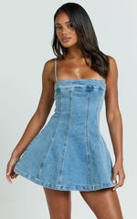 Sally Mini Dress Straight Neck Fit and Flare Denim Dress in Mid Blue Wash