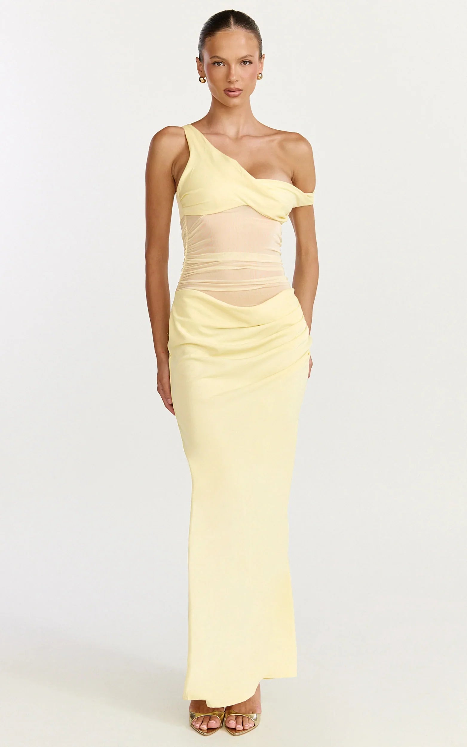 Elias Maxi Dress Twisted One Shoulder Cowl Dropped Waist Dress in Lemon
