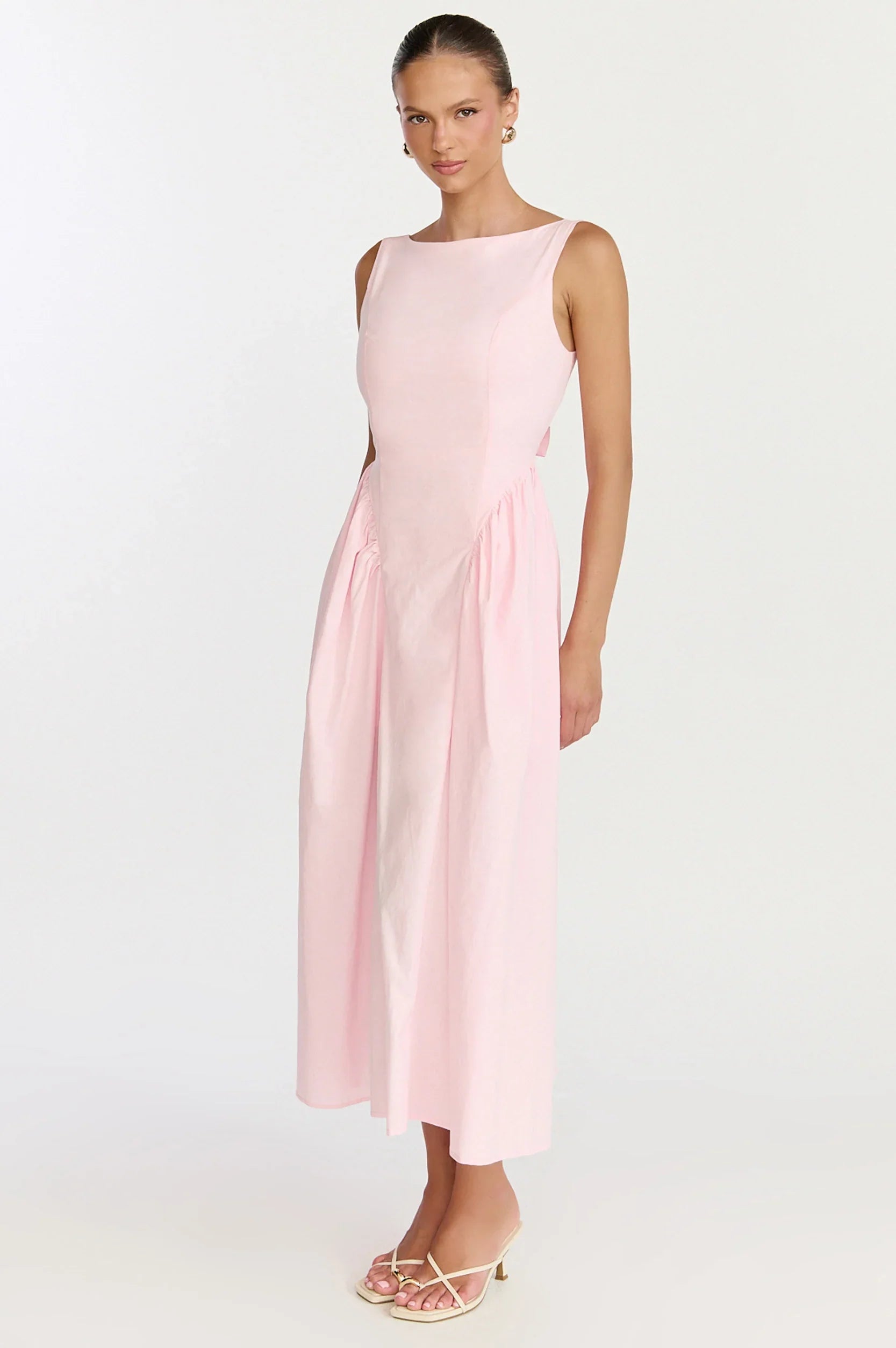 Casina Midi Dress Boat Neck Tie Back Fit And Flare Dress in Pale Pink