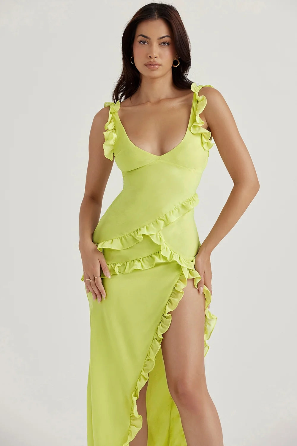 lime ruffle maxi dress