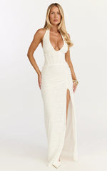 Lacey Maxi Dress Lace Corset Style Bodice Halter Dress in White