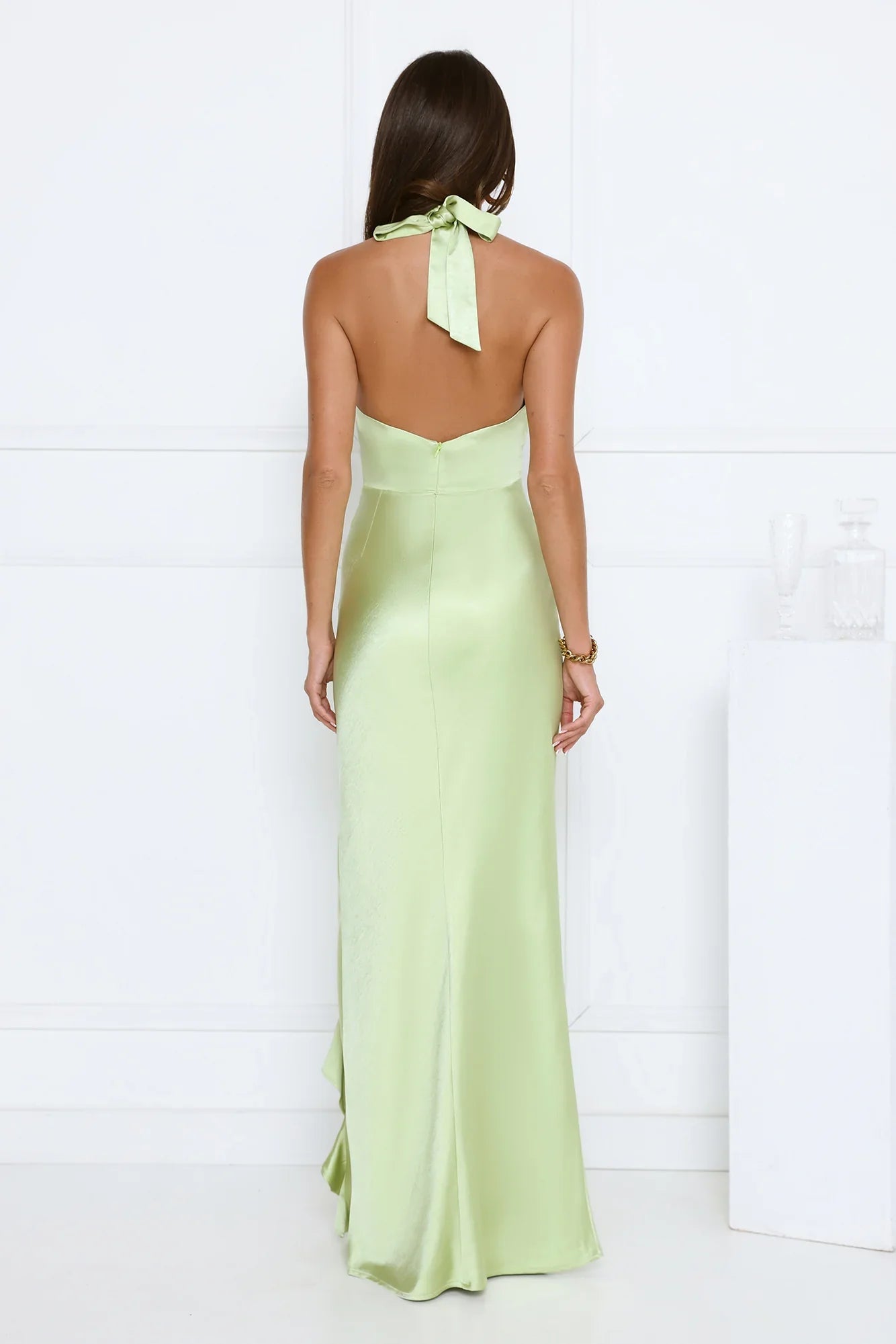 Satin Whirl Halter Maxi Dress Green