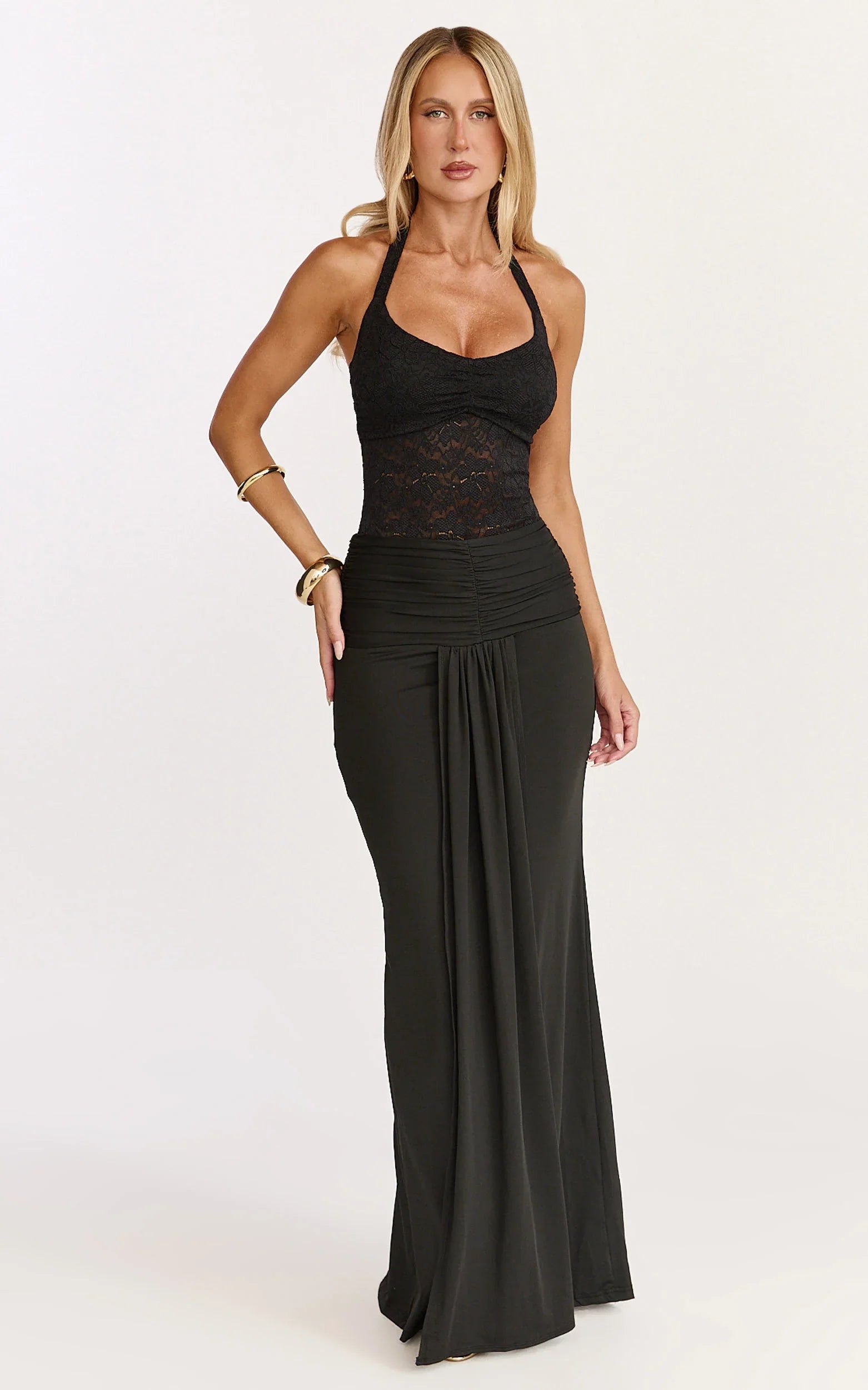 Melville Maxi Dress Lace Bodice Draped Front Halter Dress in Black