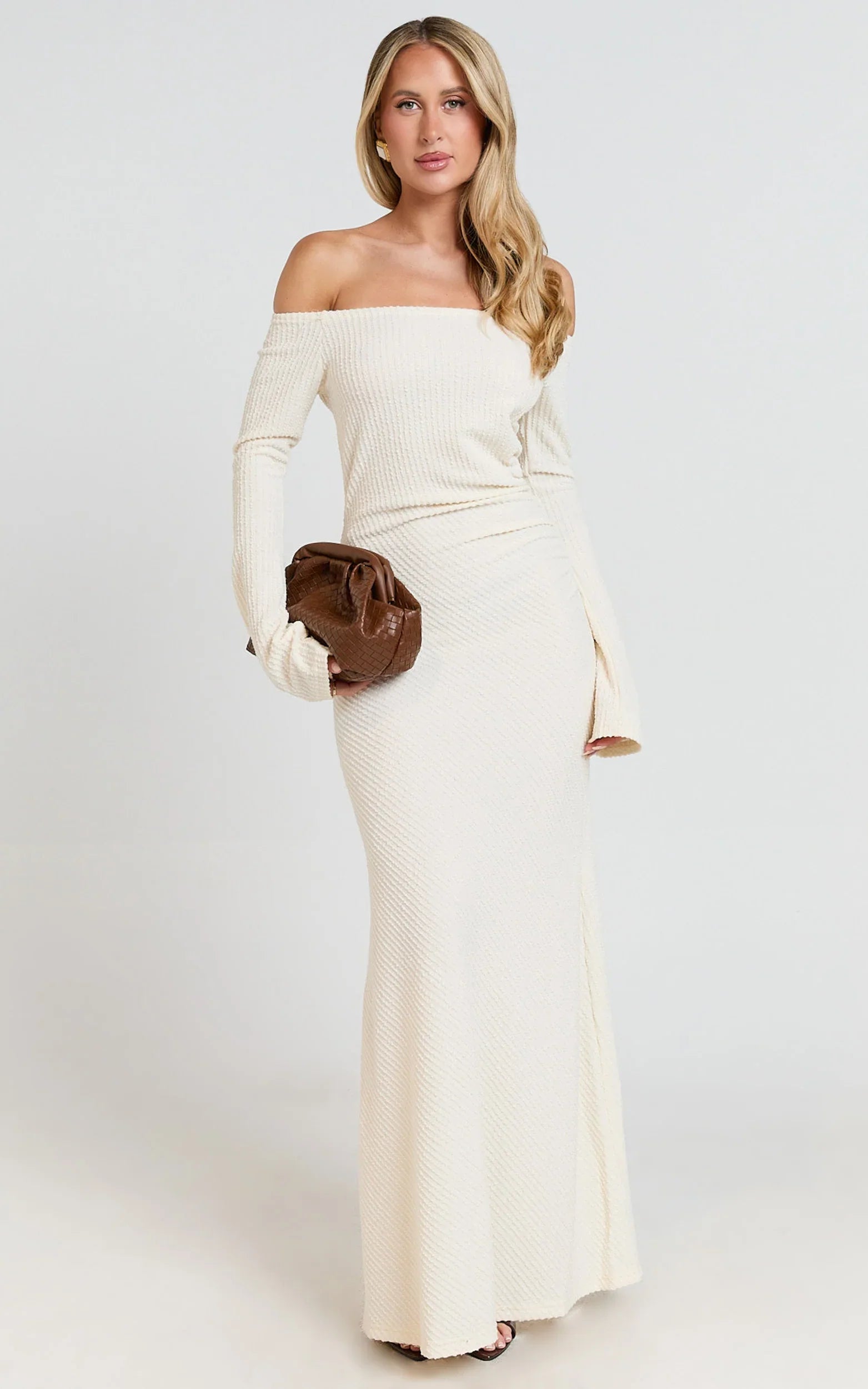 Ayla Maxi Dress Off Shoulder Flared Sleeve Bodycon Dress in Off White