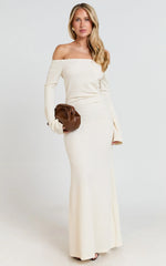 Ayla Maxi Dress Off Shoulder Flared Sleeve Bodycon Dress in Off White