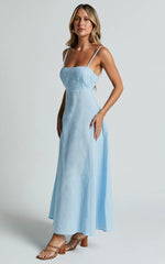 Brette Midi Dress Linen Straight Neck Strappy Fit And Flare Dress in Blue