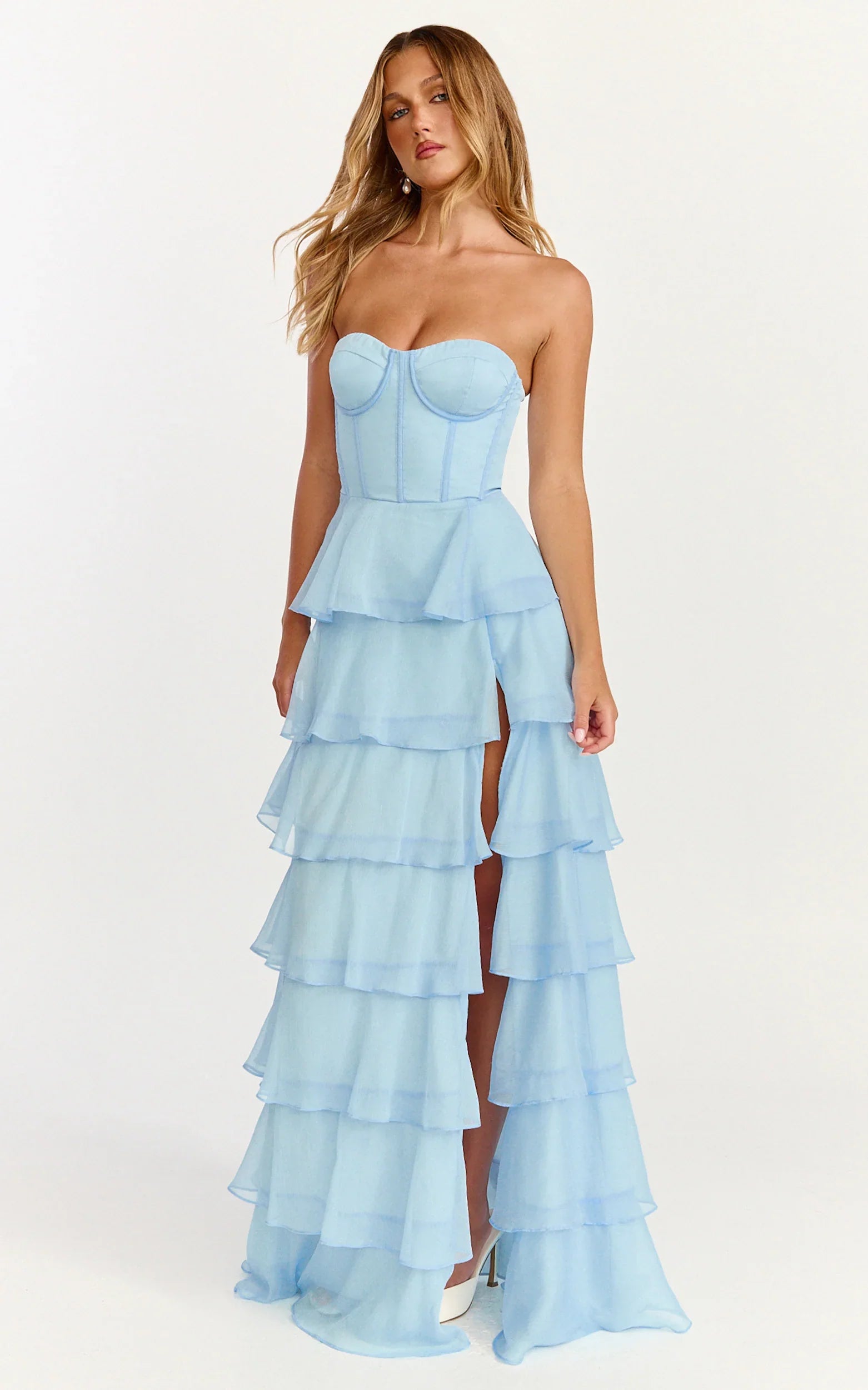 Bella Maxi Dress Strapless Corset Bodice Lace Up Back Tiered Ruffle Dress in Soft Blue