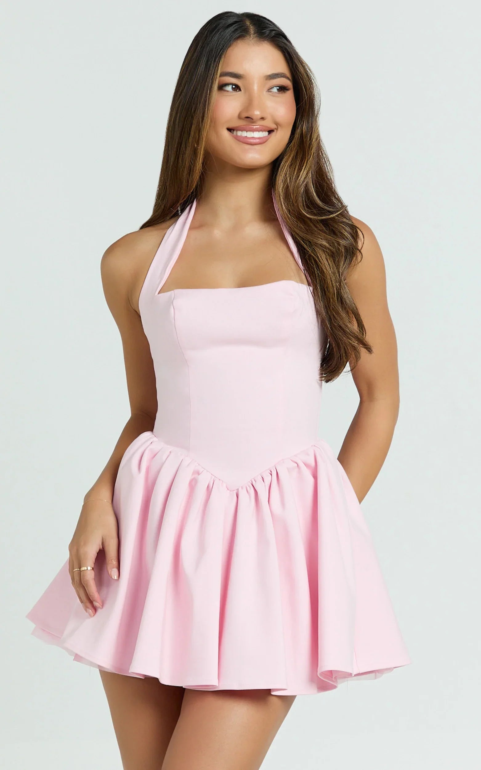 Helda Mini Dress Halter Tie Neck Corset Panel Dress in Pink