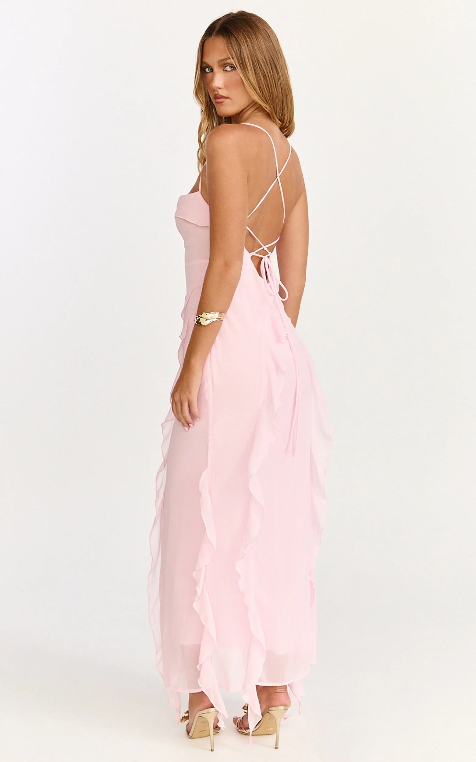Connie Midi Dress Ruffle Detail Dress in Pink