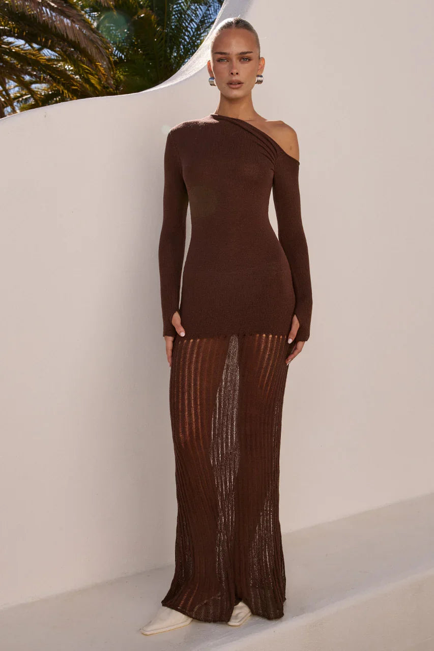 GRETA ONE SHOULDER KNIT MAXI DRESS CHOCOLATE